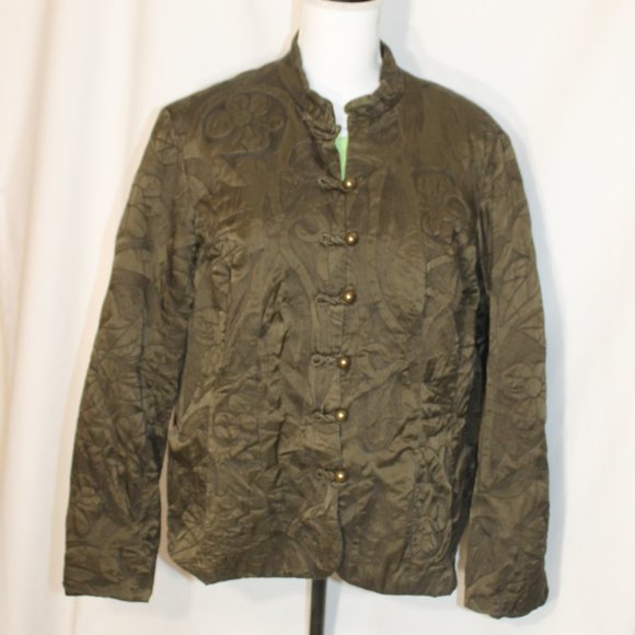 COLDWATER CREEK Olive Green Quilted Jacket Size Large Button Front Oriental L/S - Picture 12 of 13